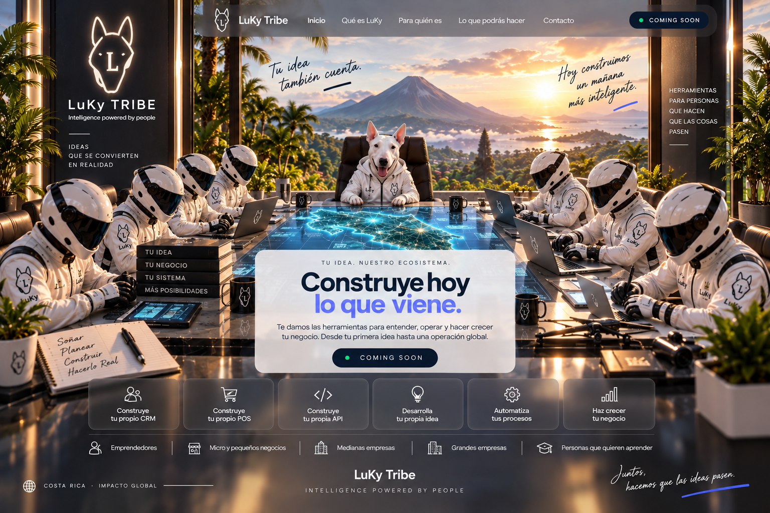 LuKy Tribe: una Bull Terrier blanca y amigable junto a su equipo con cascos blancos, frente a un paisaje tropical y volcánico de Costa Rica.