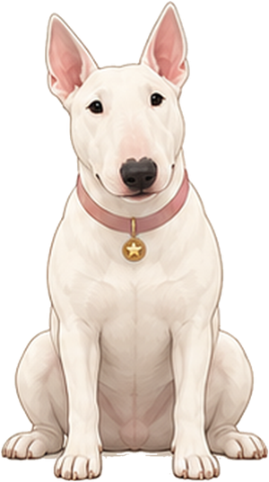 LuKy, una Bull Terrier blanca sentada, con collar rosado y placa dorada con una estrella.